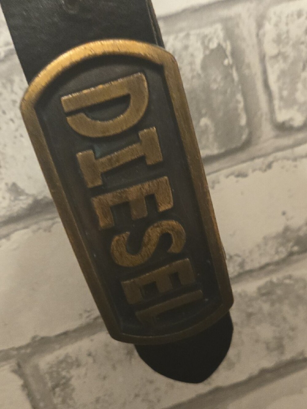 Diesel Black Leather Belt with Antique Gold DIESEL Logo Buckle